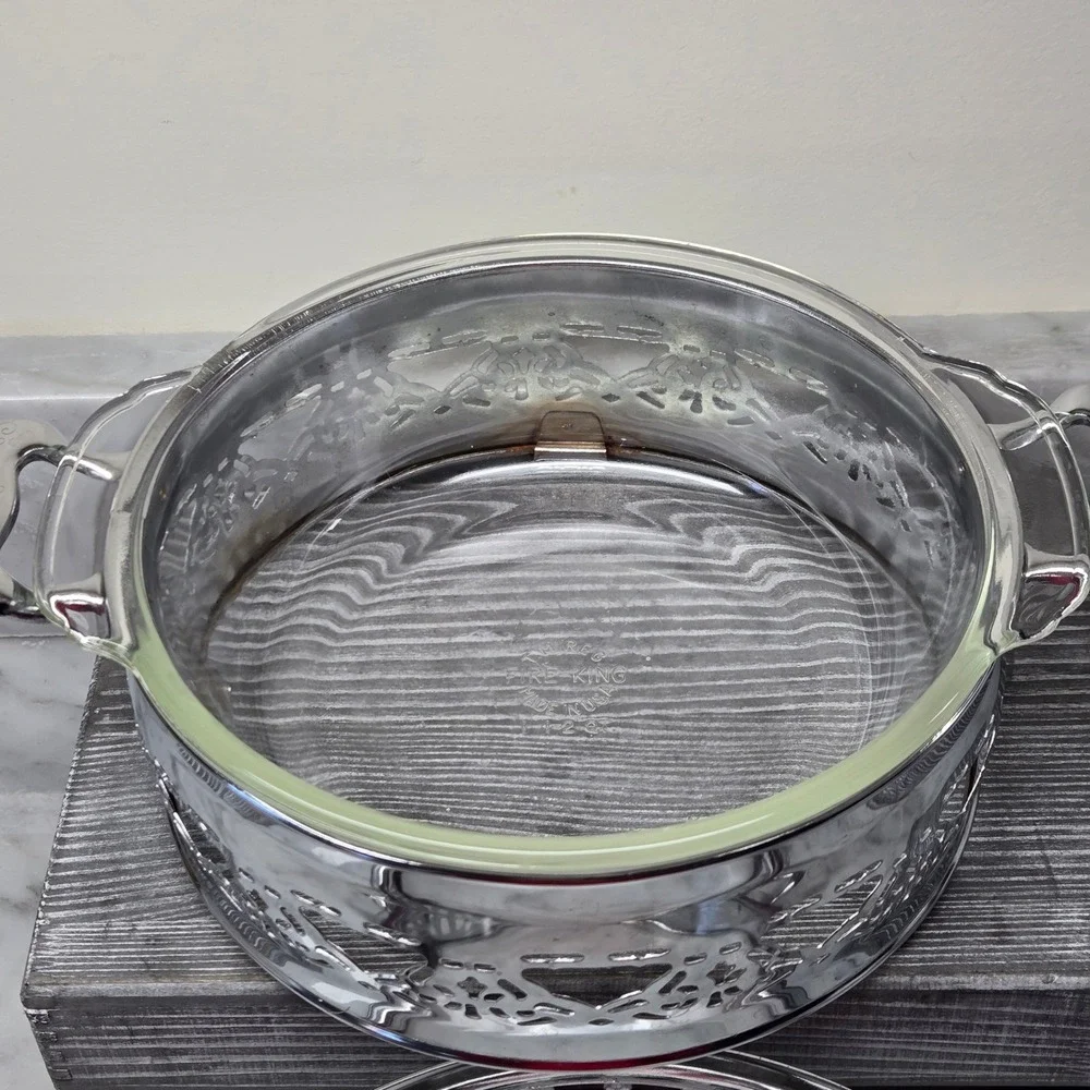 Vintage Fire-King and Pyrex Casserole Set with Silver Plated Filigree‎ Carriers